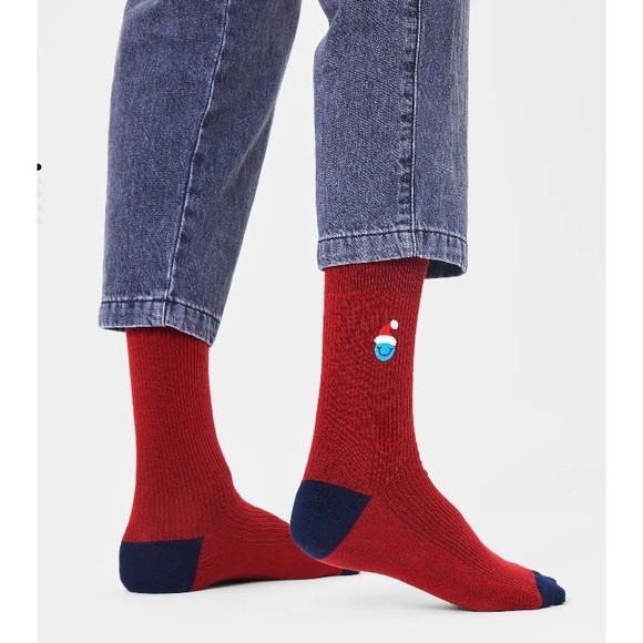 NWT Happy Socks Smiley Santa Ribbed Cotton Blend Crew Socks in Dark Red - Picture 2 of 7